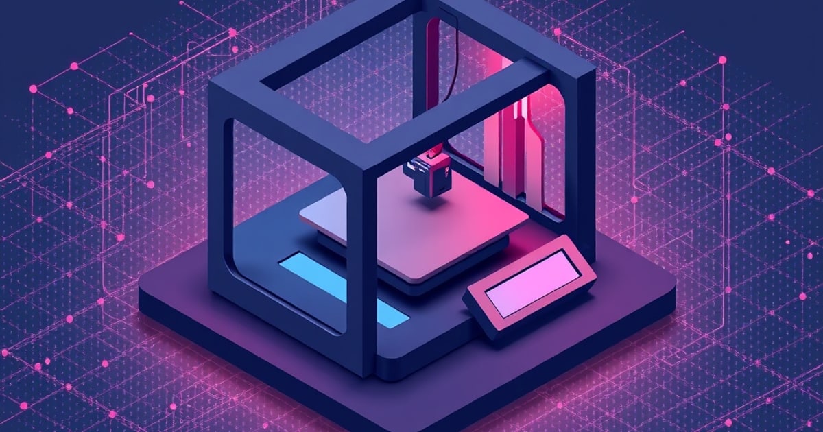 Flat isometric illustration of a dark cube-frame 3D printer with a pink print bed, hotend, filament spool and blank tilted touchscreen on a purple grid.