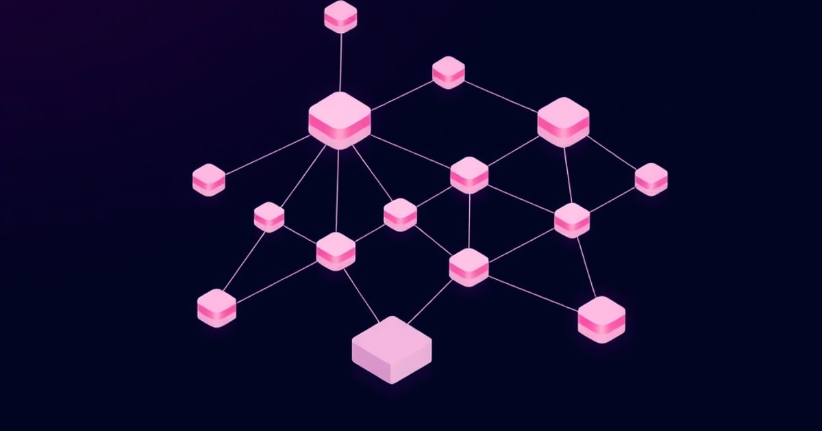 A pink isometric network of connected cube nodes on a dark navy background, resembling a branching cluster diagram unrelated to a 3D printer extruder.