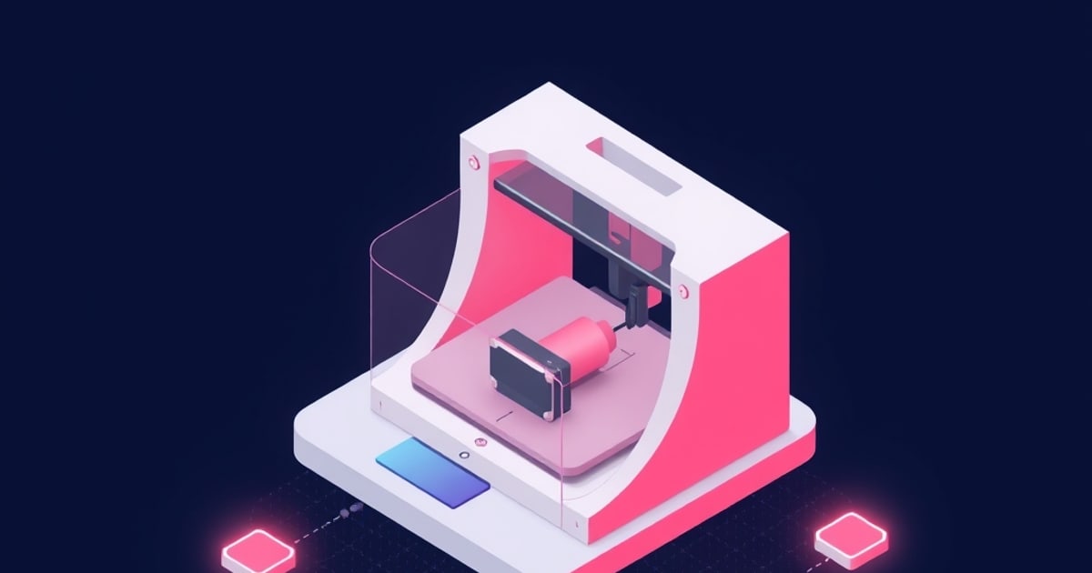 An isometric enclosed 3D printer in pink and white with a print head over a build plate, flanked by two glowing part-shaped icons on a dark background