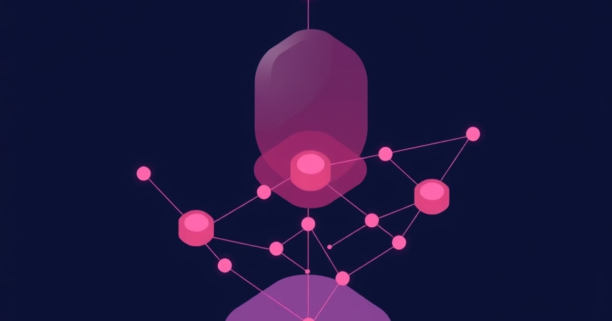 A purple resin printer vat hangs above a network of pink nodes and connecting lines against a dark navy background in flat isometric style.