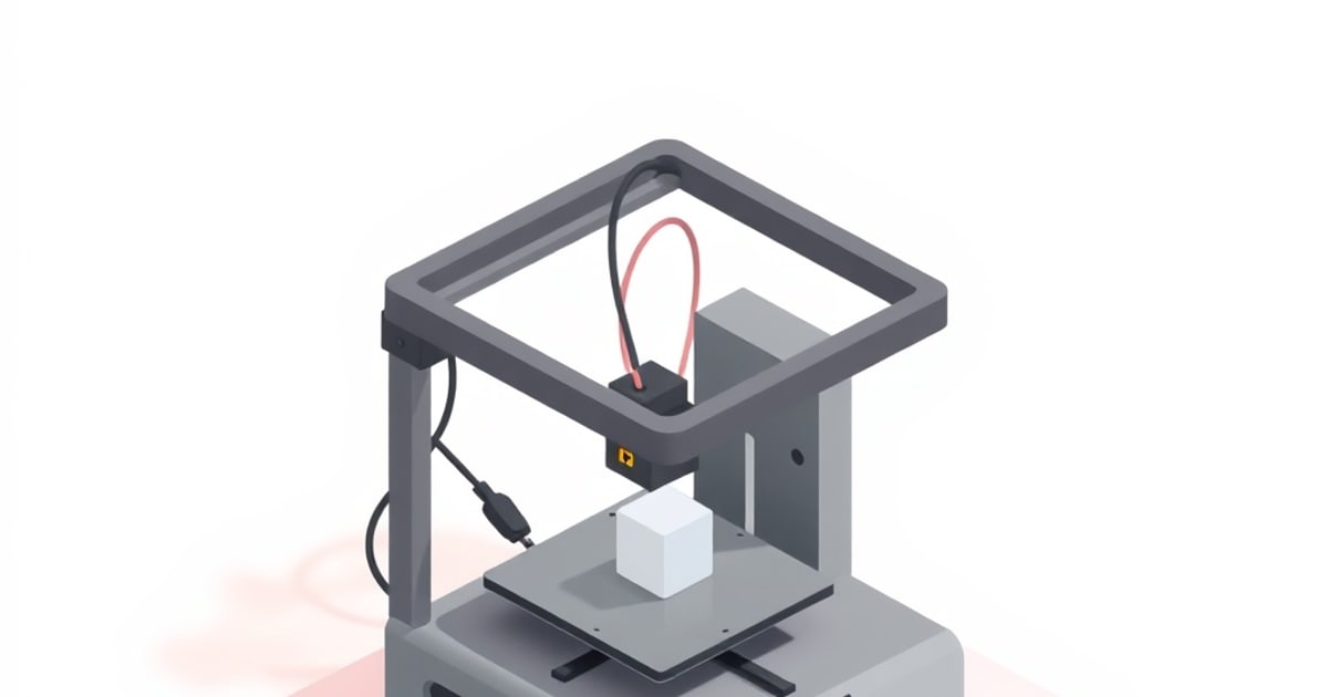 Isometric flat illustration of a gray 3D printer frame with a cabled print head above a white cube on the build plate, a model ready for slicing.