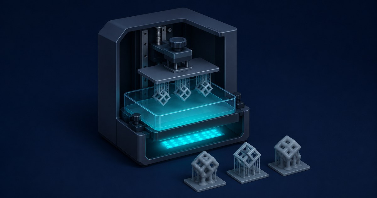 A resin 3D printer lifts three lattice test models from a glowing cyan vat, with three completed exposure samples arranged in front.
