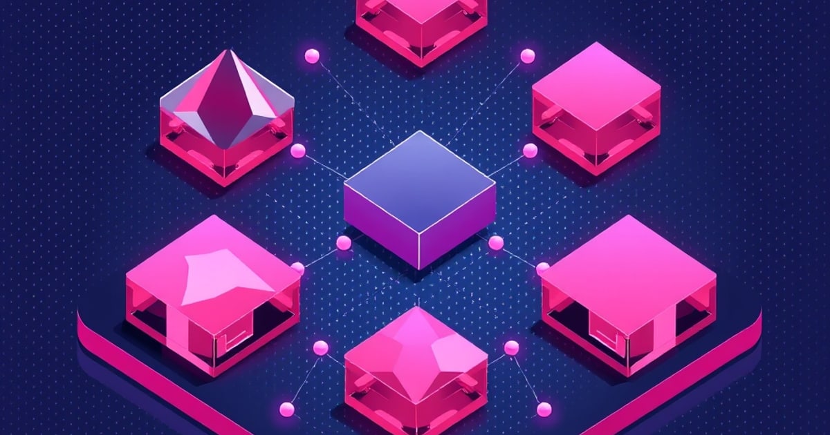 Flat isometric illustration of six open pink cube vats, some holding faceted crystals, ringed around a solid blue-purple cube and linked by dotted lines.