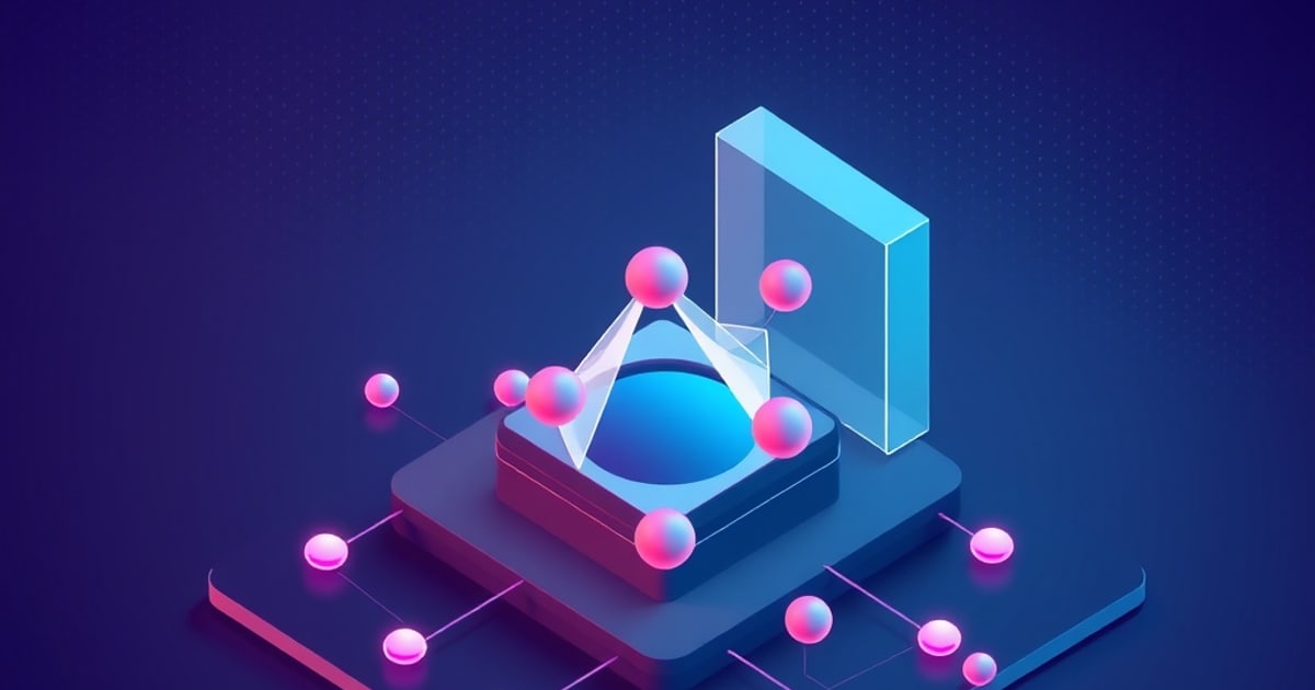 Flat isometric illustration of a glossy blue dome in a pink tray under a translucent wireframe pyramid, pink spheres wired across a blue platform.