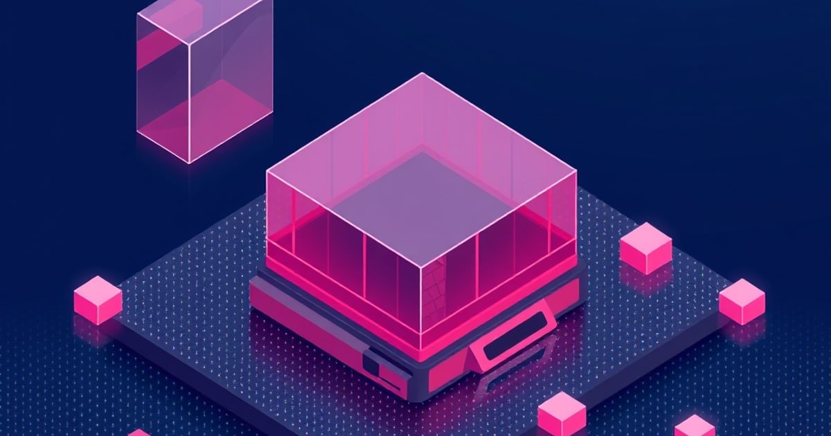 Isometric printer with translucent walls on a dark base, a second clear tank floating above and cubes scattered around, contrasting resin and filament processes